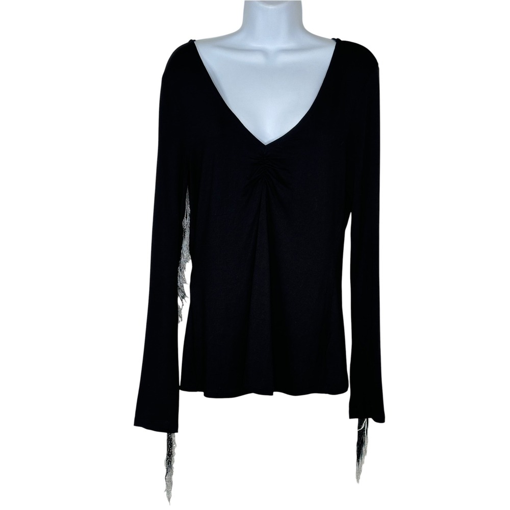 Idyllwind Top Large Black Metallic Fringe Long Sleeve Ruched V-Neck Western Boho
